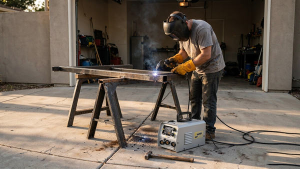 a man is flux core welding with ssimder mig-140s mig welder