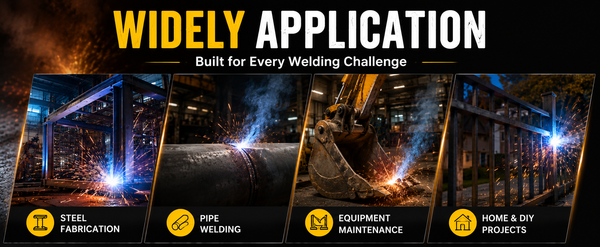 600A welding electrode holder widely application banner with four stick welding scenes across industries