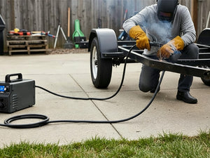 Welder stick welding a trailer frame on a driveway with an 800A welding lead set and inverter welder