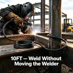 Welder stick welding a steel frame with 10 ft leads so there is no need to move the 800A welder