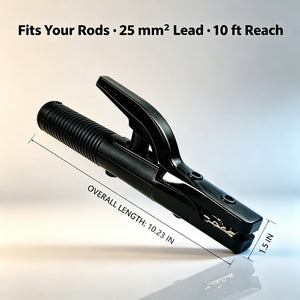 800A electrode holder size drawing: 10.23 in overall length and 1.5 in jaw, fits standard welding rods