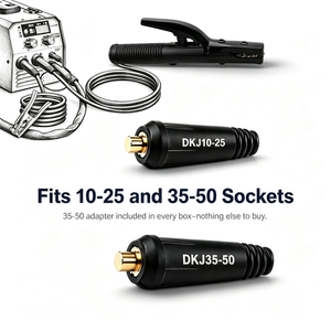 800A welding lead set fits DKJ10-25 and DKJ35-50 sockets with a 35-50 adapter included in every box