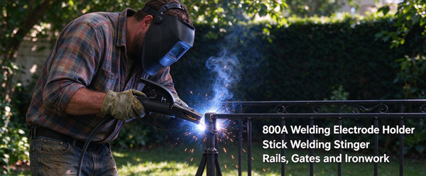 A man wearing a welding mask and gloves is welding an outdoor metal railing, with bright sparks and smoke. Text on the right reads: '800A Welding Electrode Holder Stick Welding Stinger Rails, Gates and Ironwork.