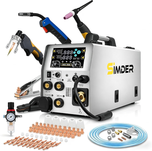 SSimder MIG-250 portable welding machine kit with a digital display screen, multiple welding torches, a clamp, copper and brass tips, a blue hose, and a regulator, arranged on a reflective white background.