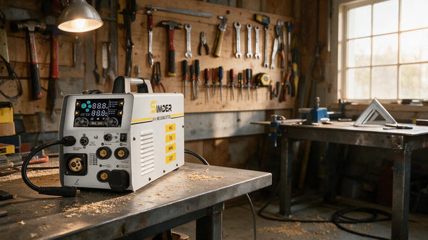 Simder MIG-250 6-in-1 welder plasma cutter on a garage workbench