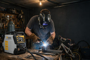 Simder welder wearing helmet and gloves while welding in a workshop